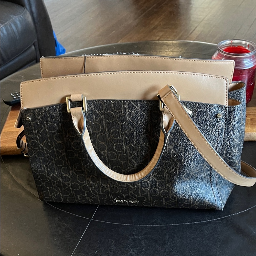 Calvin Klein Black and Tan Shoulder Bag